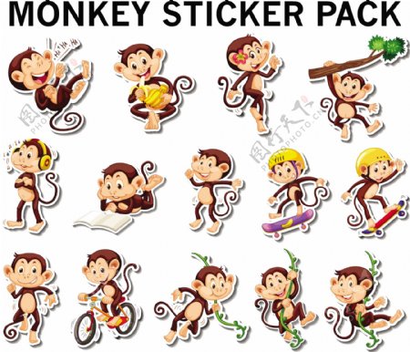 一套猴子贴纸在不同的帖子插图