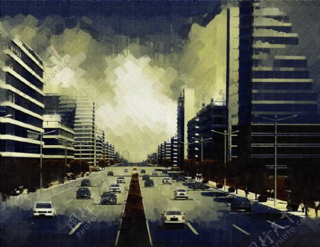 城市建筑油画图片