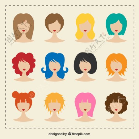 12款彩色头发女子头像矢量图