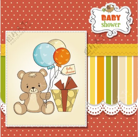 婴儿洗澡卡与泰迪熊和礼物