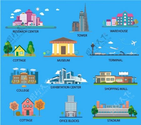 城市体系结构集合各种项目免费矢量插图