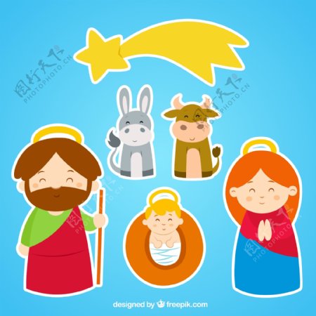 6款卡通耶稣诞生角色矢量图