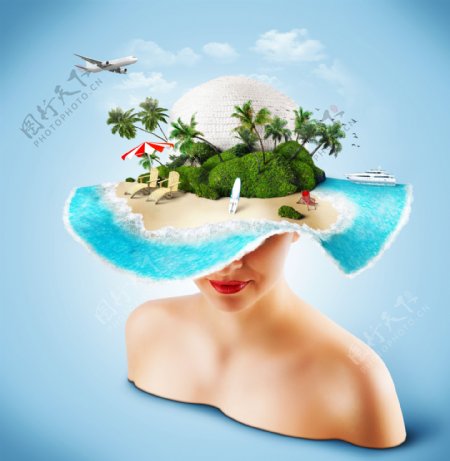 女人草帽上的大海和岛屿图片