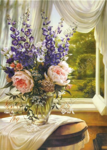 窗户前的花瓶油画图片