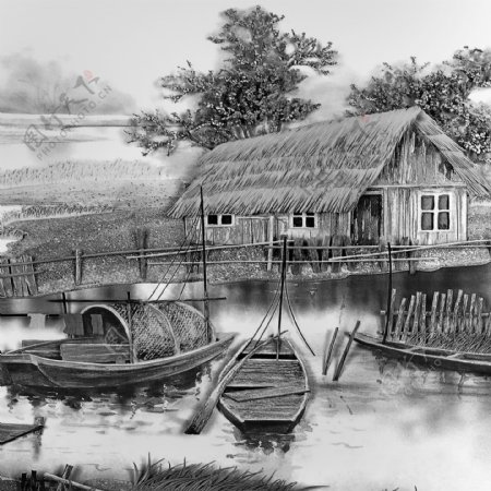 黑白素描风景小屋
