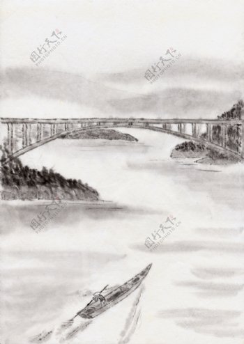 水墨风景桥下小船图片图片