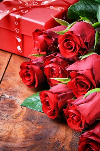 玫瑰花与礼盒摄影图片