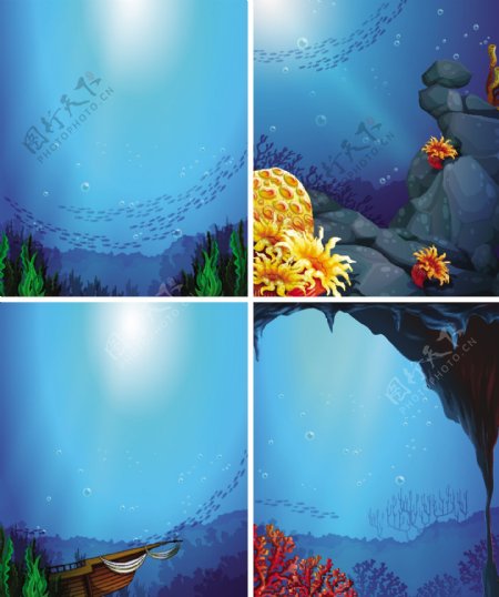 四个鱼礁和珊瑚礁的水下场景