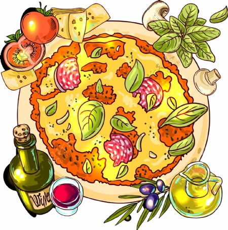 手绘水果披萨元素