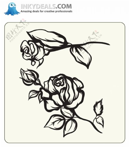 自由向量集的玫瑰花绘画图标元素