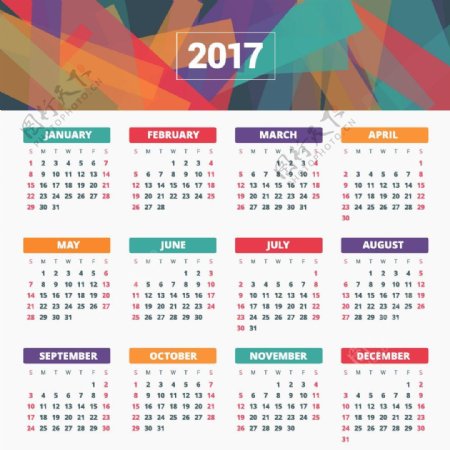 彩色几何图形2017年日历表图片