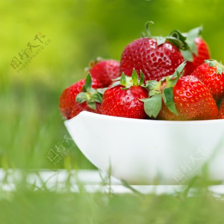草地上碗里的草莓图片