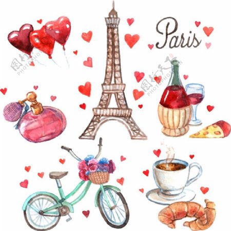 巴黎旅游水彩插画图片