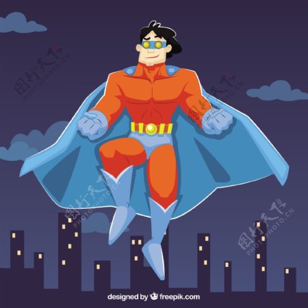 超级英雄在城市上空飞行