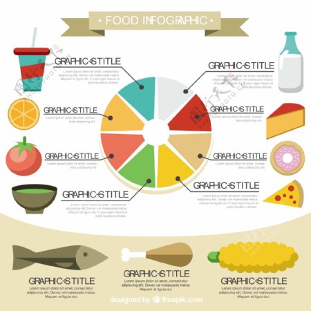 五颜六色的圆形和扁平的元素的食物图片