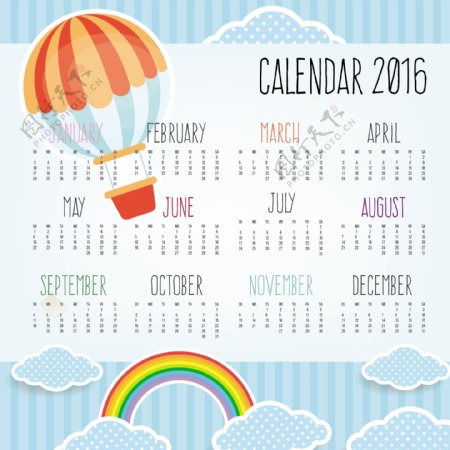 2016彩色热气球年历矢量素材