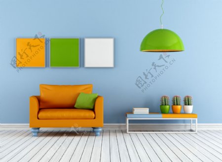橙色沙发和绿色吊灯图片