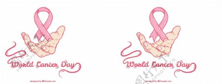 世界癌症日背景与手和粉红丝带