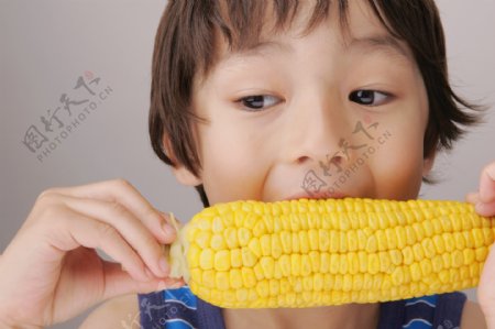 正在吃玉米的小男孩图片