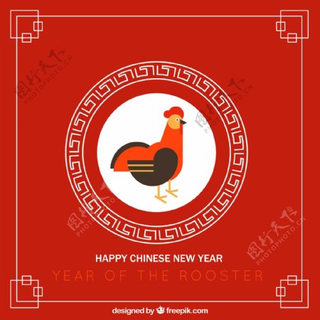 红色中国新年背景与公鸡平面设计