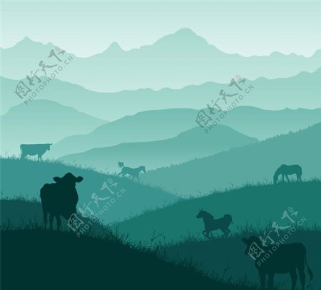 山坡上的牛和马剪影矢量素材