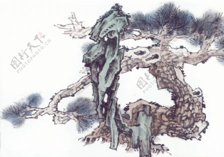 古树奇石中国画0004
