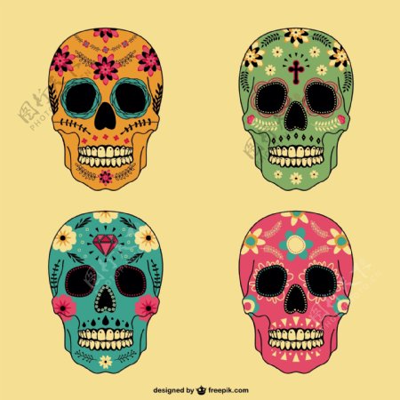 不同颜色的墨西哥头骨