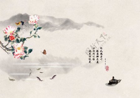 中国风山水花鸟鱼画写意风景背景墙