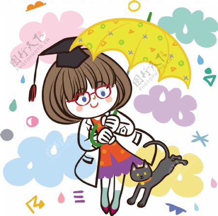 打伞的女学生和小猫卡通图案