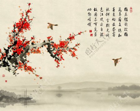 中式花卉水墨背景墙