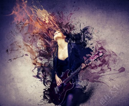 梦幻烟雾与弹吉他的美女图片
