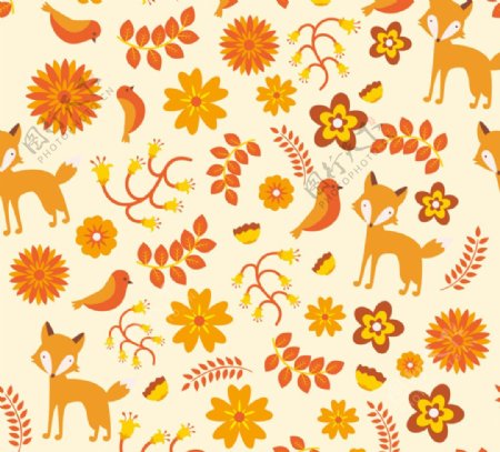 彩色狐狸和树叶无缝背景矢量素材