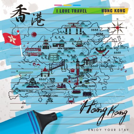 香港旅游手绘地图