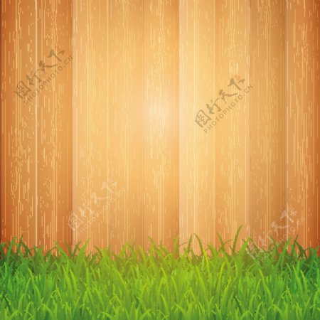 木制背景上的绿色草