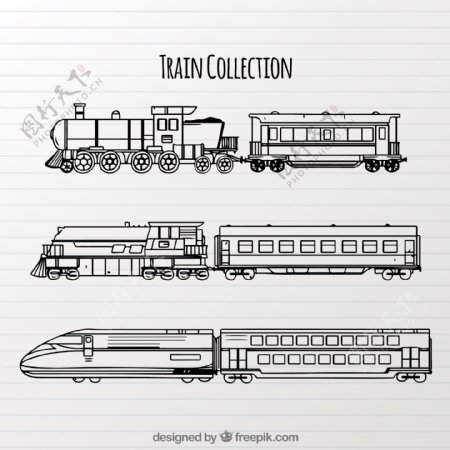 手绘素描风格各种火车插图