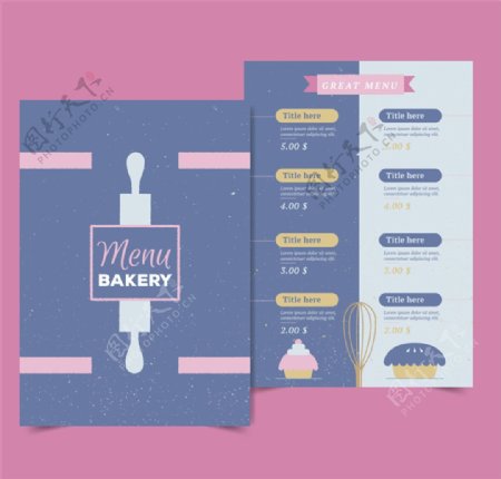 紫色面包店菜单设计矢量图