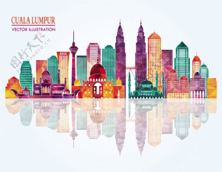 吉隆坡城市彩色模块剪影图