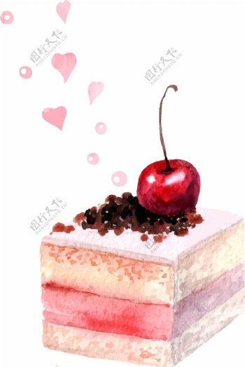水彩手绘风美味樱桃蛋糕甜品