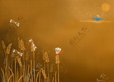 卡通稻穗上的蜻蜓插画图片
