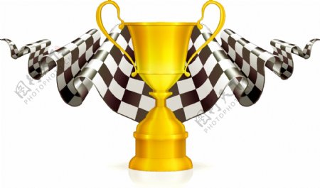 方程式赛车奖杯与旗子设计矢量图片