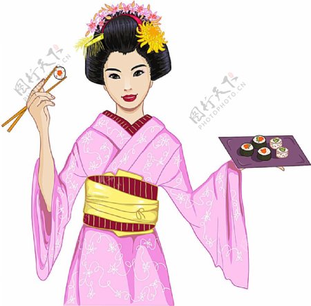 拿着寿司的日本仕女插画