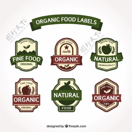 六个复古风格生态健康食品贴纸标签