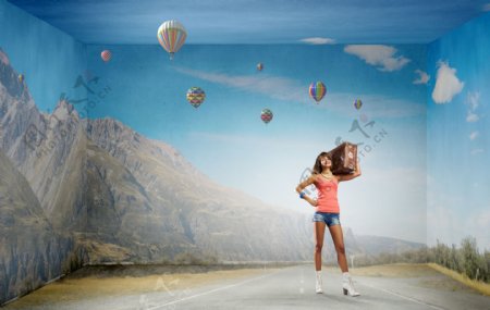 热气球与旅行的美女图片