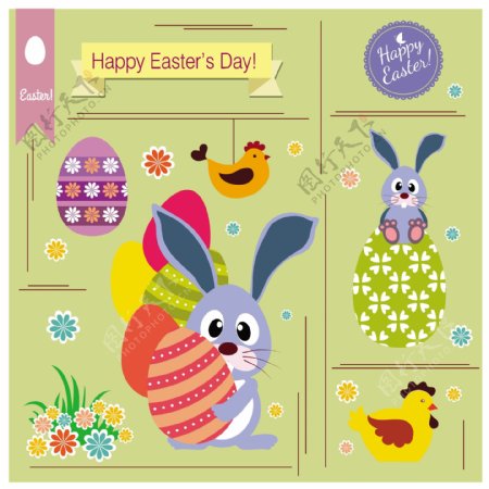 复活节卡片装饰鸡肉和鸡蛋和兔子自由向量