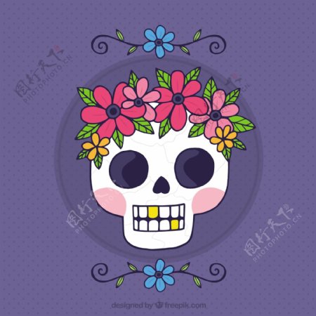 头骨和花卉装饰的梦幻背景