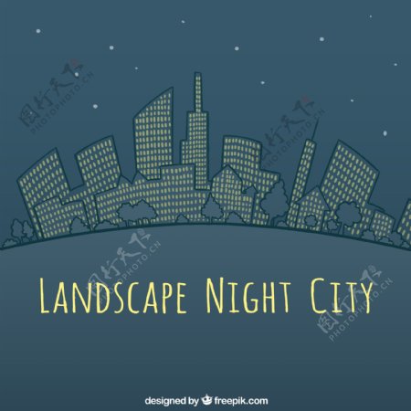 手绘景观夜景城市背景