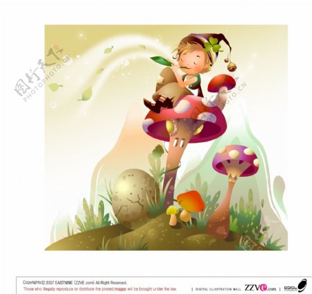 蘑菇上的小女孩韩国Zzve矢量图