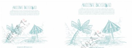 带伞和棕榈树的沙滩素描背景