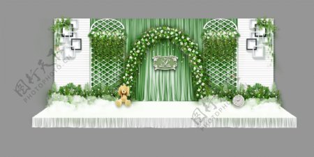 小清新白绿色森系婚礼背景墙效果图