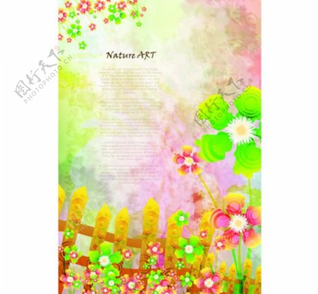 彩色色块篱笆花朵英文字排版设计素材